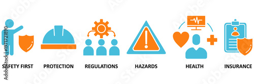 Work safety icon set Aqua Orange Flat concept for occupational safety and health at work with safety first, protection, regulations, hazards, health, and insurance icon