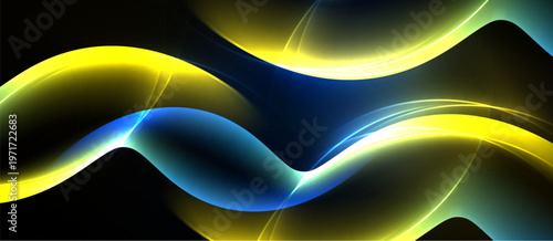 Abstract waves, vibrant yellow, blue hues. Smooth curves contrast dark background. Dynamic energy, modern design elements present.