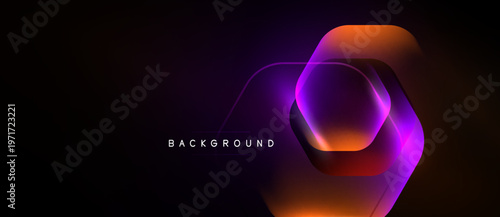 Abstract hexagon shapes overlap, creating vibrant orange, purple glow. Dark background enhances luminosity, modern design element.