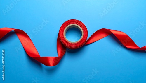 Red ribbon roll on a vibrant blue background.