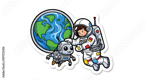 Astronaut and robot in space with Earth, cartoon illustration