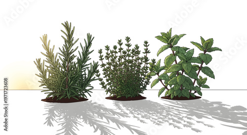 Three potted plants with long shadows on white background