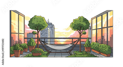 rooftop garden with hammock and cityscape at sunset