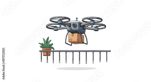 Drone delivering package to fence with plant, modern tech