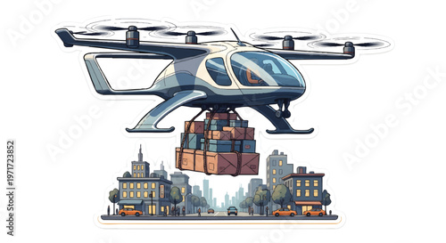 Drone delivering packages over cityscape with buildings