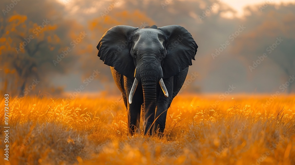 Fototapeta premium Lone elephant in glowing African grassland high resolution picture