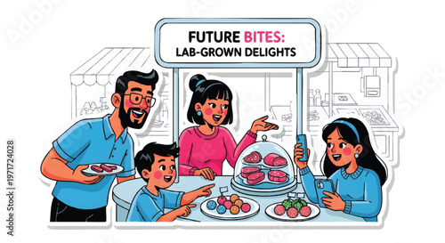 family enjoying lab-grown food at futuristic restaurant