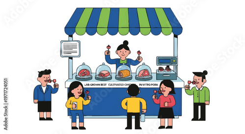 People enjoying food and drinks at colorful street food cart