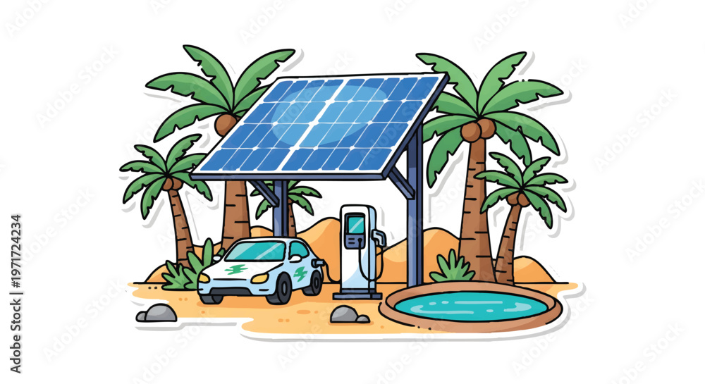 Obraz premium Electric car charging under solar panel in tropical paradise