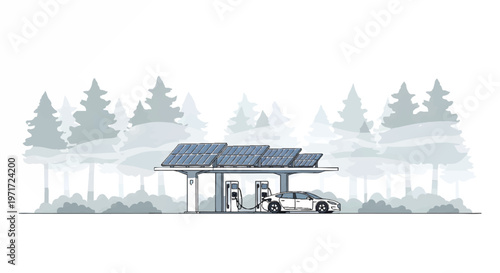 Electric vehicle charging station with solar panels in forest