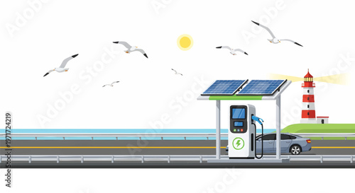 Electric car charging station by the sea with solar panels and lighthouse