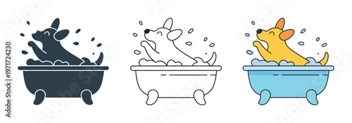 Cute cartoon dogs enjoying a bubbly bath in a bathtub, three styles