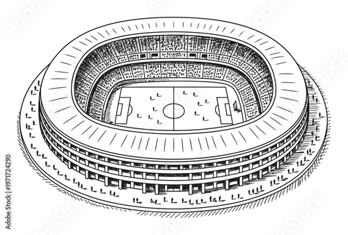 Hand-drawn of a soccer stadium with a field and spectators