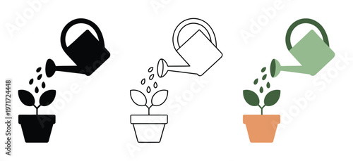 Three stylized of a watering can pouring water onto a potted plant