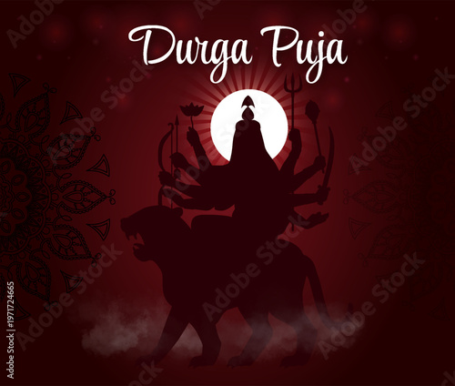 Silhouette of a multiarmed goddess on a lion in a dark artistic style over a red festive background symbolizing celebration and spirituality. Hand-drawn vector illustration