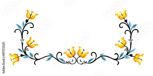 Yellow floral border with blue leaves and vines, vector