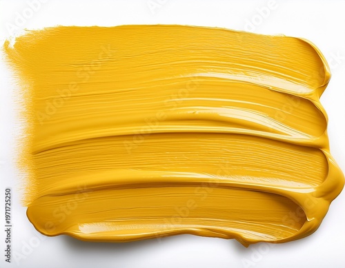 high resolution image of a thick vibrant golden yellow horizontal paint or mustard stroke isolated on white background