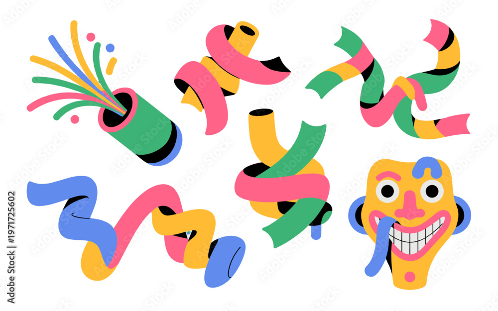 Fototapeta premium A set of fun, colorful illustrations with streamers and a quirky face.