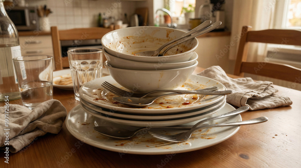Fototapeta premium Stacked dirty dishes and cutlery on wooden table in kitchen 