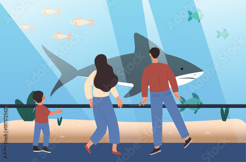 Family watching a large shark and small fish in flat graphic style on a bright aquarium background, concept of marine education, exploration and leisure. Hand-drawn vector illustration
