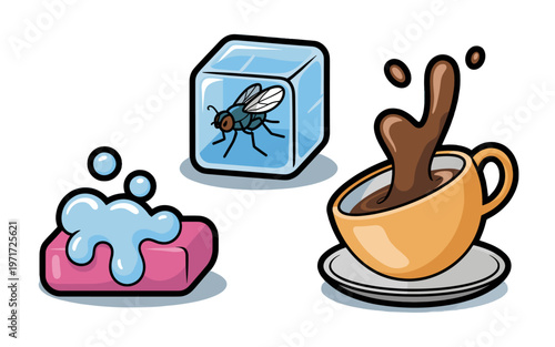 Illustration of a bar of soap, a coffee cup, and a ice cube with a fly.