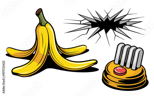 Banana peel, a button, and a crack.