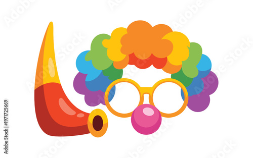 Clown wig, glasses, and horn. 