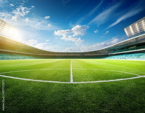 grassy football pitch at stadium at sunny day with blue sky