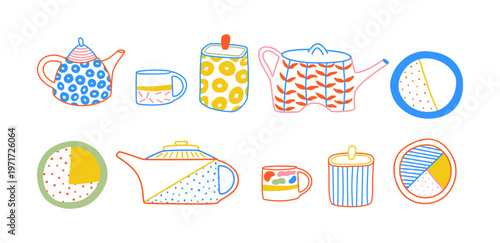 A set of vector kitchen elements. A teapot, sugar bowl, and cup in a linear style. A contemporary bundle of elements