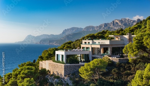 luxury vila nestled along side of sea moutains with fresh green trees
