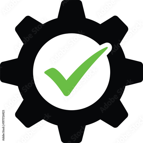Gear icon with green checkmark indicating successful completion or validation Vector