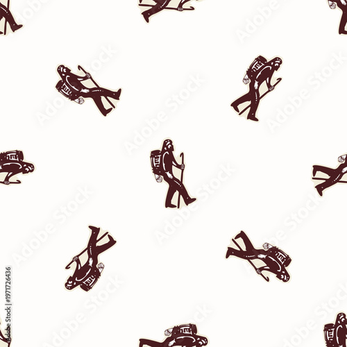 Pilgrim man figure with backpack seamless vector pattern. Hand drawn black and white religious christian pilgrimage background. For hiking all over print. 