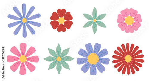 Various colorful floral icons shown as simple graphic style on white background, symbolizing nature and decoration. Hand-drawn vector illustration