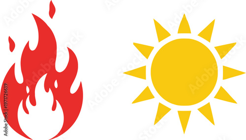 Contrast between fire and sun icons representing opposing elements of nature Vector