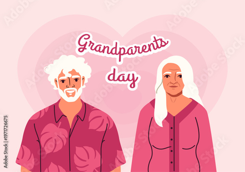 Two elderly figures standing together in a warm flat graphic style on a soft pink heart-themed background, expressing love and family care. Hand-drawn vector illustration