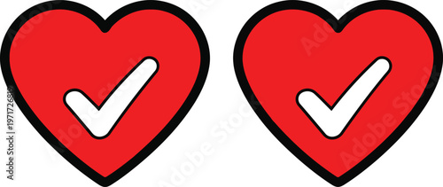 Two red hearts each containing a white checkmark symbol indicating approval or validation Vector