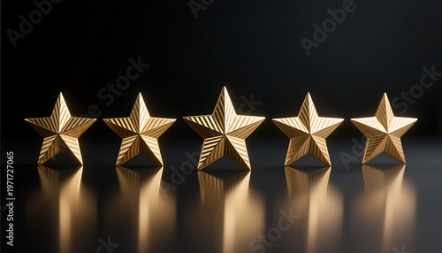 Golden five-star awards lined up on reflective black surface  