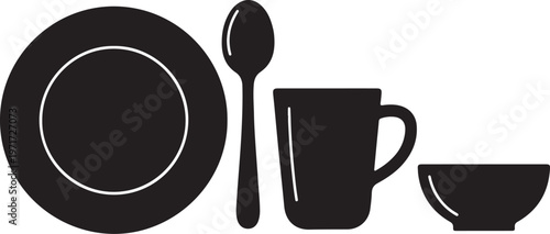 Minimal black silhouette of kitchen utensils including plate spoon fork and cup arranged in clean layout representing dining table setting restaurant kitchenware and food service concept.