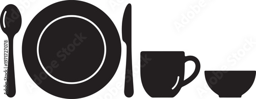 Minimal black silhouette of kitchen utensils including plate spoon fork and cup arranged in clean layout representing dining table setting restaurant kitchenware and food service concept.