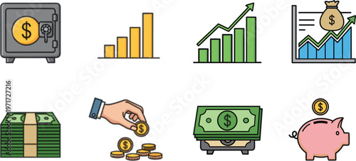 Financial investment vector icon set with money growth charts piggy bank and safe box isolated on white background,