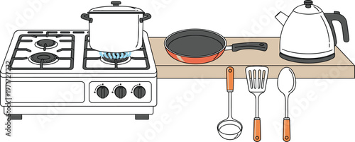Modern kitchen interior vector with gas stove boiling pot frying pan kettle and cooking utensils on white background for culinary design,