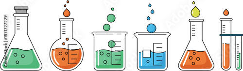 Science laboratory glassware vector set with colorful chemical liquids in beakers flasks and test tubes for education research