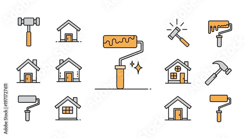 A versatile collection of construction, repair, and home renovation line icons, featuring various houses, hammers, and paint rollers for DIY projects.