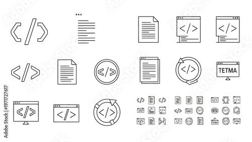 A collection of black and white linear vector icons depicting web development symbols, code tags, documents, and programming software interfaces