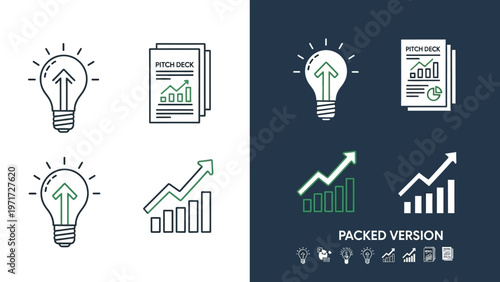 A comprehensive collection of modern outline and filled icons depicting business growth, new ideas, and pitch deck presentations for success.