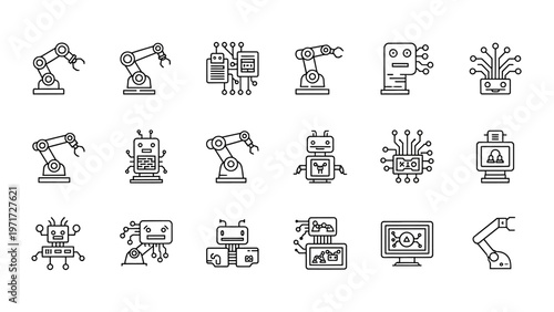 A comprehensive collection of modern robotic and artificial intelligence line icons representing advanced automation, computing, and innovative manufacturing technologies.
