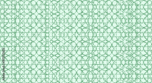 Intricate geometric pattern featuring overlapping green lines creates a complex woven design with symmetrical stars and repeating rectangular grid structures