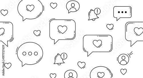 Seamless pattern featuring minimalist line art social media icons including notification bells hearts speech bubbles and profile avatar silhouettes design