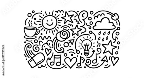 Black and white doodle art illustration featuring a cheerful sun, coffee cup, stars, lightbulb, and musical notes, symbolizing creativity and daily inspiration.
