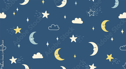 Cute hand drawn pattern featuring smiling crescent moons, sparkling shooting stars and fluffy white clouds for a charming nursery design